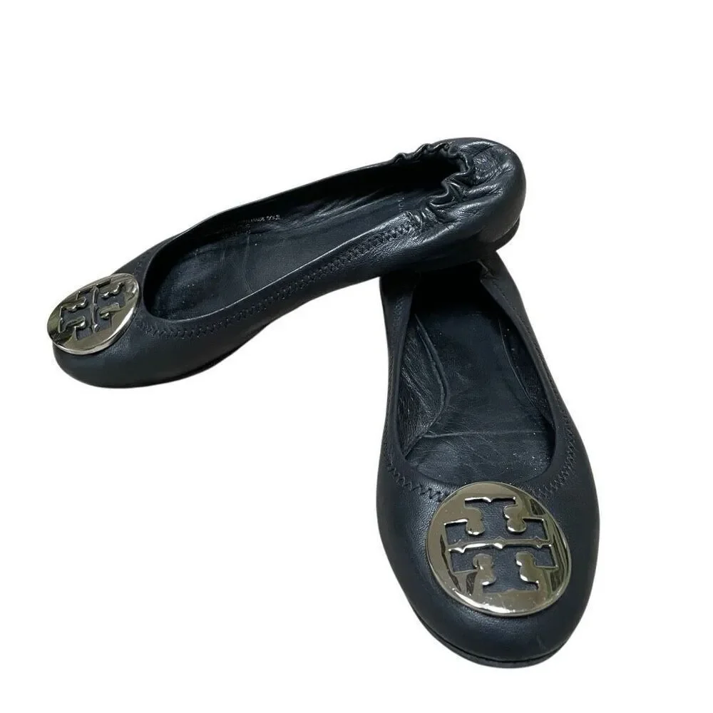 Tory Burch Reva Ballet Flats Women’s 6.5‎ Travel Black Leather Silver Medallion